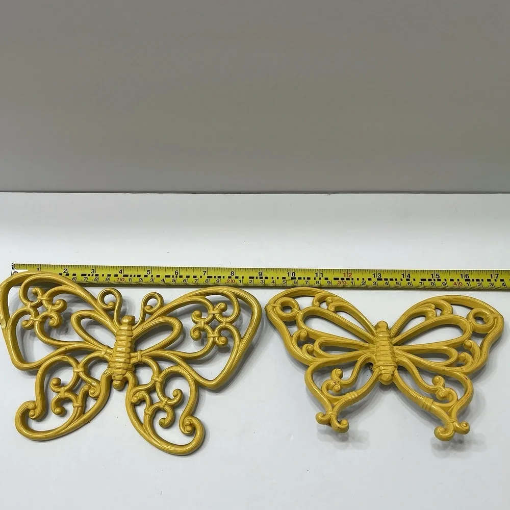 Vintage Syroco Homeco Butterfly Wall Hangings 1978 Faux Rattan Yellow 9.5